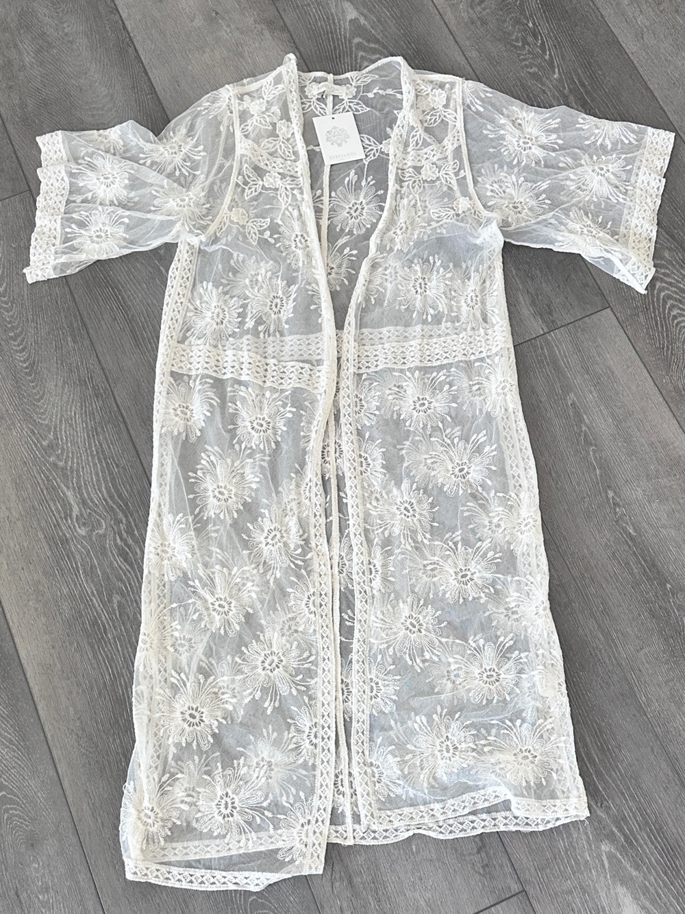 Boho Ivory Floral Lace Kimono Cover-Up Sheer Embroidered Duster Women’s M